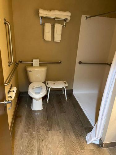 a bathroom with a toilet and a shower and towels at Wingate by Wyndham Beaver I-15 in Beaver