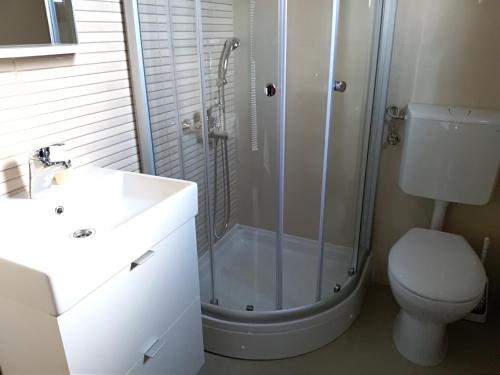 La salle de bains est pourvue d'une douche, de toilettes et d'un lavabo. dans l'établissement Villa Mia Ana, à Međugorje
