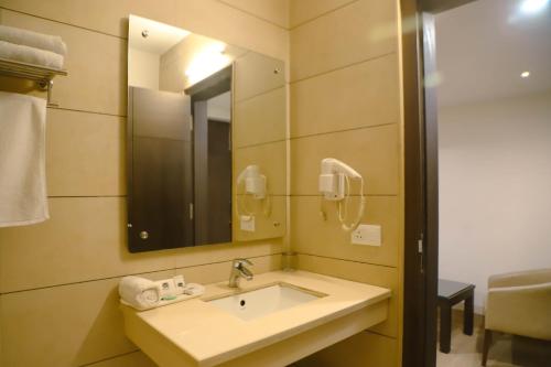 a bathroom with a sink and a mirror at Hotel Central Palace in Dehradun
