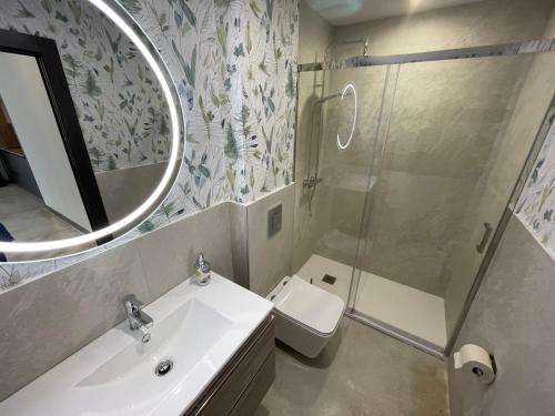 a bathroom with a sink and a shower and a toilet at Aljama Burgos in Burgos
