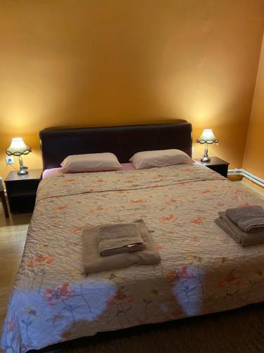 a bedroom with a large bed with two lamps at Nena in Veliko Gradište