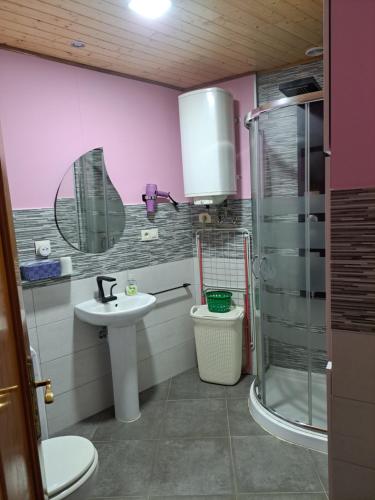 uma casa de banho com um lavatório e um chuveiro em Casa Justa em Castrelo de Miño