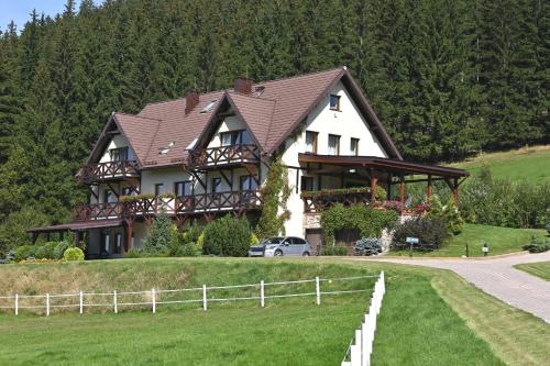 uma casa grande numa colina com um carro estacionado na frente em Wichrowe Wzgorze em Stronie Śląskie