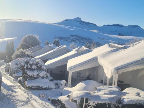una casa cubierta de nieve con una montaña en el fondo en mountain shadows hotel, en Elliot