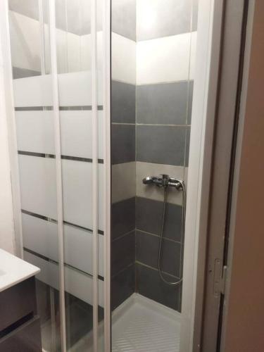 une douche avec une porte vitrée dans une salle de bain dans l'établissement 280, studio la seyne rdc, à La Seyne-sur-Mer