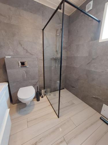 a bathroom with a toilet and a glass shower at DESTINO wakacyjne domki-dwa podgrzewane baseny-drink bar in Mielno