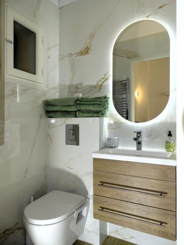 une salle de bain avec toilettes, lavabo et miroir dans l'établissement AUGUSTINS FOUNTAIN Studio Cosy AIX Centre Historique à 3 minutes de COURS MIRABEAU -WIFI-SMART TV-RUE CALME, à Aix-en-Provence