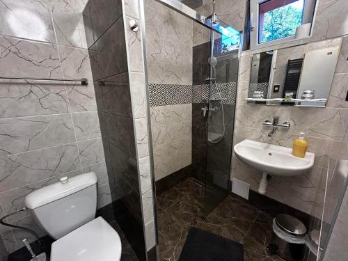 a bathroom with a toilet and a sink at Penzión Rozália in Košice