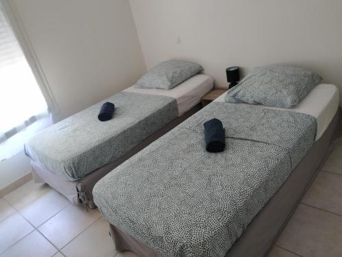 Deux lits dans une pièce avec deux chapeaux dans l'établissement Appartement Saint Raphaël: rez de Jardin, 2 chambres, piscines, à Saint-Raphaël