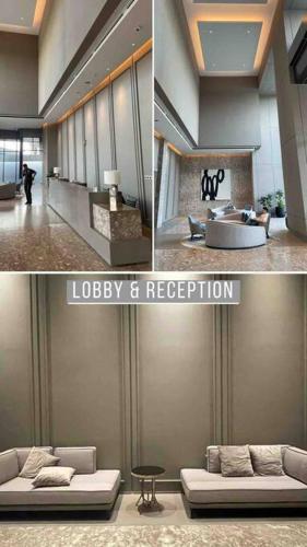 a collage of two pictures of a room with a couch at [300m to PRJ] Expo Friendly 2BR in Jakarta