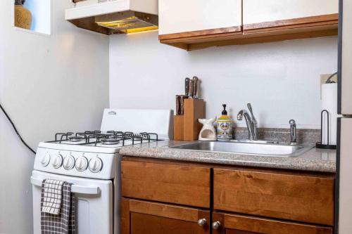 a kitchen with a white stove and a sink at Spacious Oasis - Hoboken California King Bed! in Hoboken