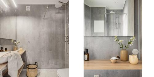 two views of a bathroom with a shower and a sink at Beautiful apartment with amazing view in Bergen