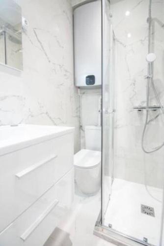 une salle de bain blanche avec douche et toilettes dans l'établissement Cosy Home in Haut Marais II, à Paris