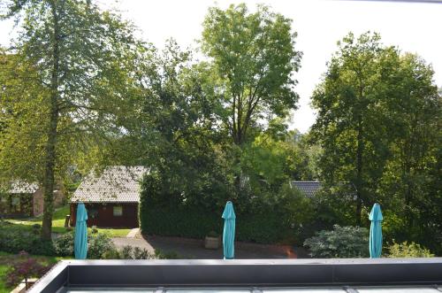 two blue umbrellas in a garden with a house at Holiday Home Mooi-Gemmenich in Plombières