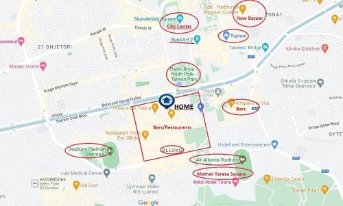 um close-up de um mapa com atrações circuladas em Studio apartment in amazing location! 24h check-in em Tirana