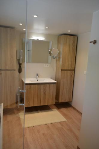 a bathroom with a sink and a mirror at Holiday Home Mooi-Gemmenich in Plombières