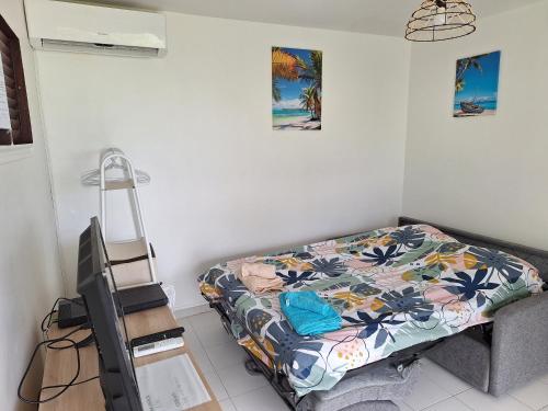 Giường trong phòng chung tại Studio vue mer, calme avec terrasse à Schoelcher