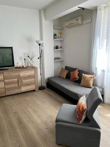 a living room with a couch and a tv at Le building: 5 pax centre ville in Marseille