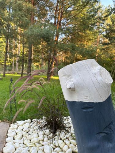 a statue in a garden with rocks and trees at Chatka Jezioranka & bania in Kolonia Siedlątków
