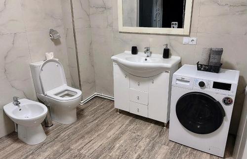 a bathroom with a toilet and a sink and a washing machine at Kiwi apartment in Bistriţa
