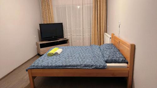 a small bedroom with a bed and a tv at Kiwi apartment in Bistriţa