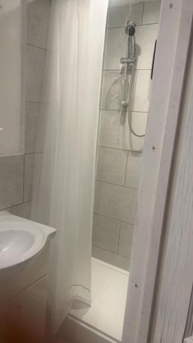 a bathroom with a shower and a sink at Cozy small studio in Peterborough