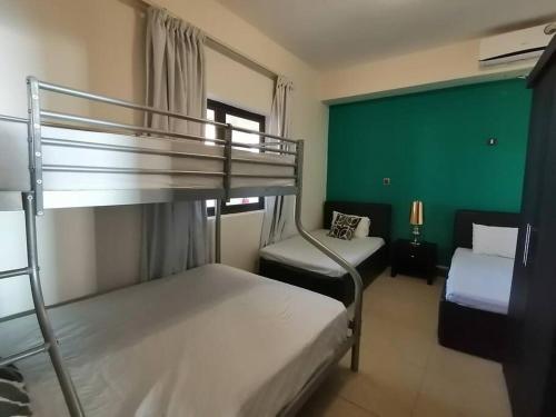 龐普勒穆斯的住宿－Sunset View La Cote D 'Azure，一间卧室设有两张双层床和绿色的墙壁