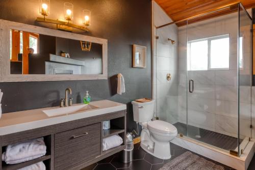a bathroom with a toilet sink and a shower at The Modern Moose Lodge in Truckee