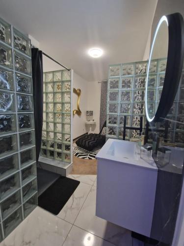 une salle de bain avec un lavabo et un miroir dans l'établissement Suite GOLD Mulhouse, à Mulhouse