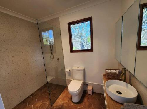 łazienka z toaletą, umywalką i oknem w obiekcie Bluebell Cottage w mieście Beechmont