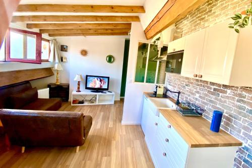eine Küche und ein Wohnzimmer mit einem Sofa und einem Waschbecken in der Unterkunft Rétro chic au coeur de Villeurbanne in Villeurbanne