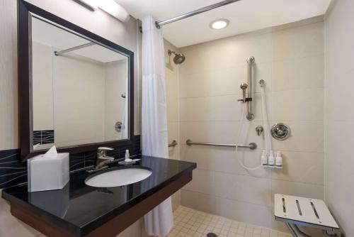 a bathroom with a sink and a shower at Sonesta ES Suites Chicago Downtown Magnificent Mile Medical in Chicago