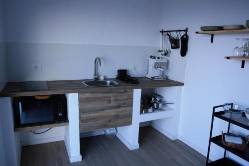 a kitchen with a counter with a sink and a microwave at calMar Tenerife 1 in Los Realejos
