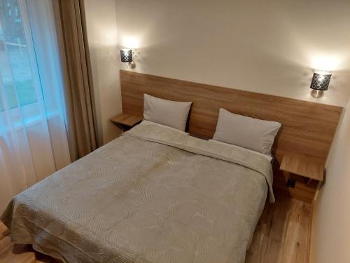 1 dormitorio con 1 cama con 2 almohadas y ventana en Sweet villa Palanga, en Palanga