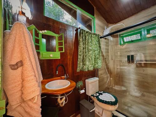 a small bathroom with a sink and a toilet at Sequoia Casa na Árvore, Vila Mágica in Bueno Brandão