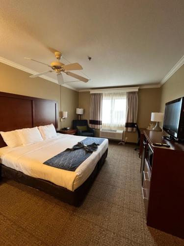 a hotel room with a bed and a flat screen tv at Comfort Inn & Suites Ocean Shores in Ocean Shores