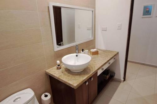 a bathroom with a sink and a toilet and a mirror at Deluxe villa with jacuzzi and beautiful garden in Santiago de los Caballeros