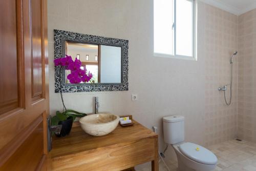 a bathroom with a sink and a toilet and a mirror at Villa Sari Tagtag Bali in Sanur