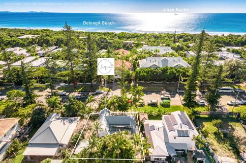 an aerial view of a resort with the ocean in the background at Shirley Beach House, right in heart of Byron Bay, walking distance to town and most famous beaches in Byron Bay
