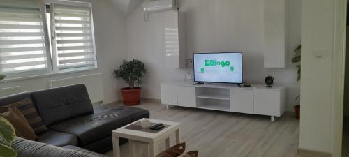 ein Wohnzimmer mit einem Sofa und einem Flachbild-TV in der Unterkunft Apartman XXL in Brčko