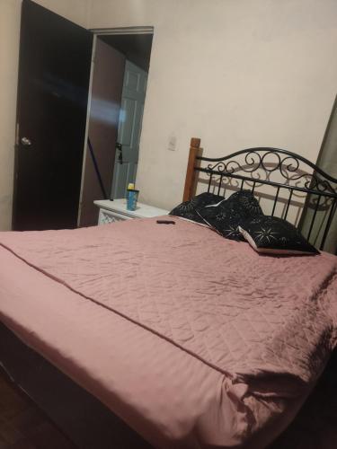 een bed met een roze dekbed en 2 kussens erop bij Casa verbenas in Hermosillo