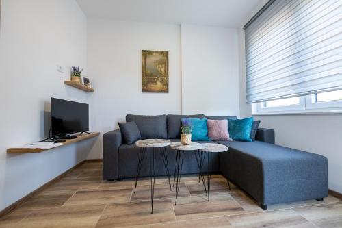M&A Apartmani في فردنيك: غرفة معيشة مع أريكة زرقاء وتلفزيون