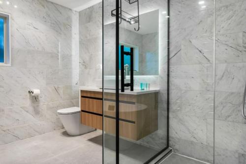 uma casa de banho com um chuveiro, um lavatório e um WC. em Albany Bolthole with King Beds and Kitchenette em Auckland
