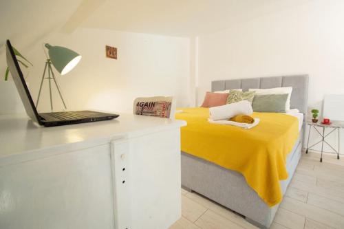 a bedroom with a bed with a laptop on a desk at Central duplex apartment in Novi Sad