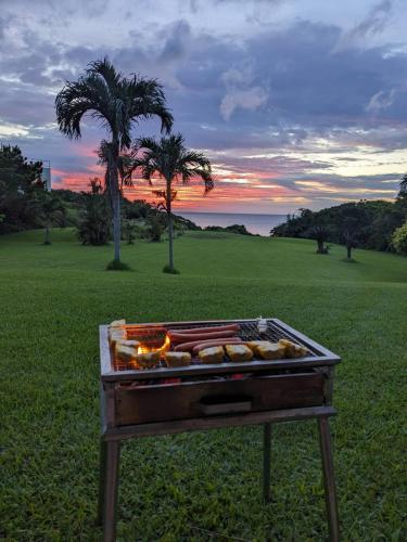 a grill in a field with a palm tree at Beachfront Paradise Ishigaki in Ishigaki Island
