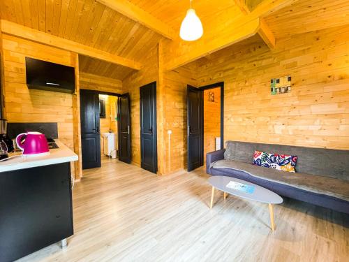 een woonkamer met een bank en een tafel bij chalet nature sur la vallée de la Truyère in Neuvéglise
