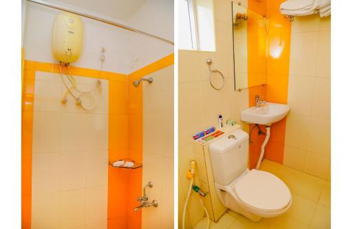 Duas fotografias de uma casa de banho com WC e lavatório. em Hotel JK Grand em Yercaud