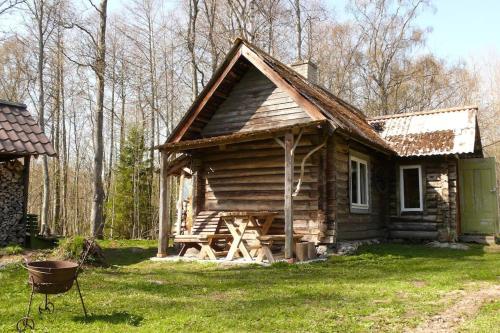 an old log cabin with a grill in front of it at Tiny Cozy House in Pärispea