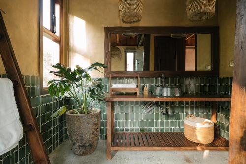 a bathroom with a sink and a potted plant at Lily’s Home & Retreat - Venue Travel in Tien Xuan