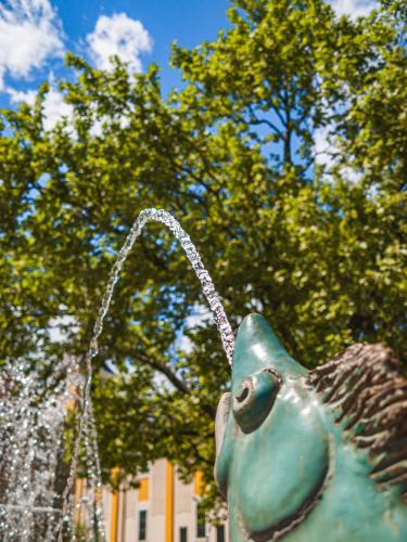 a statue of a bird drinking from a fountain at R31 Residence in Sárvár